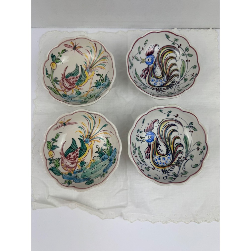 Anfora Agueda Portugal Hand Painted Rooster Bird Scalloped Bowls Set of 4 1981